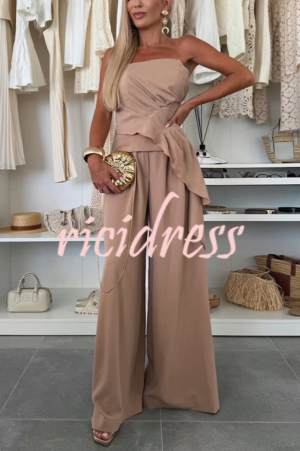 Elegant Solid Color Asymmetric Ruffles Bandeau Top and High Waist Wide Leg Pants Set