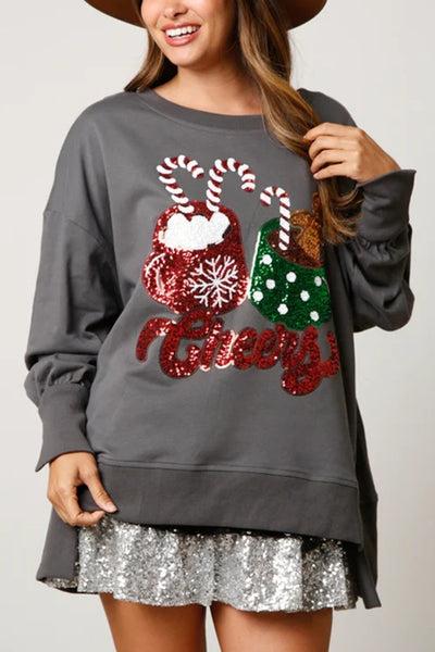 Christmas Candy Cup Sequined Casual Loose Sweatshirt