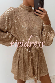 Fashionable Sequined Long-sleeved Belted Casual Mini Dress