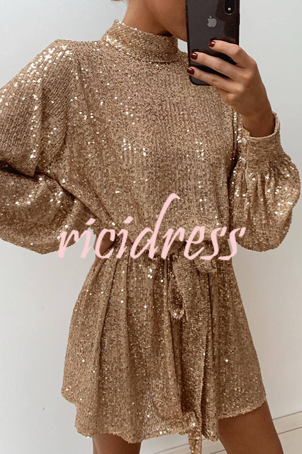 Fashionable Sequined Long-sleeved Belted Casual Mini Dress