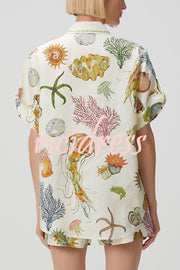 Beach Shell Print Short Sleeve Loose Shirt and Elastic Waist Tie Casual Pocket Shorts Set