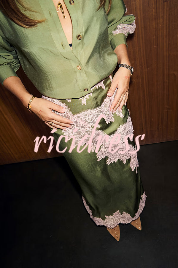 Eye-catching Work Contrast Color Satin Lace Trim Mid Rise Maxi Skirt