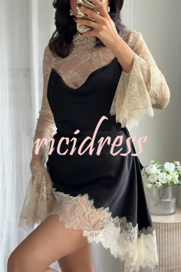 Gothic Romantic Lace Satin Patchwork High Neck Bell Sleeve Loose Mini Dress
