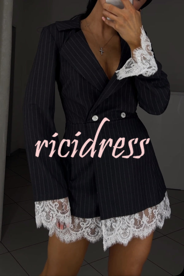 Merrin Striped Lace Trim Double-breasted Long Sleeve Lapel Blazer Mini Dress