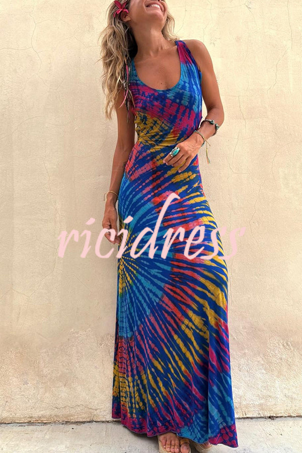 Coastal Crush Tie-dye Print Back Lace-up Stretch Maxi Dress