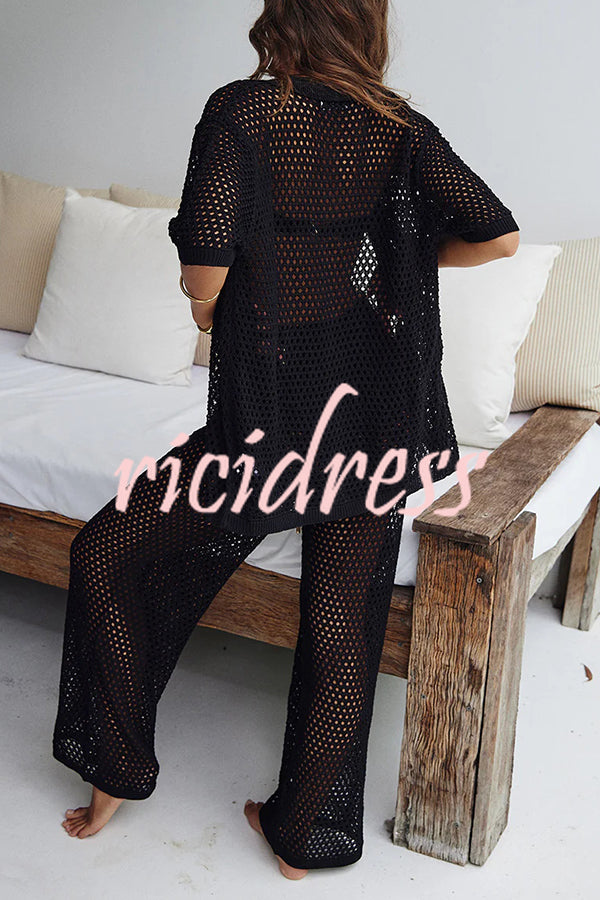 Fashion Hollow Loose Short-sleeved Top and Elastic Waist Casual Wide-leg Pants Set