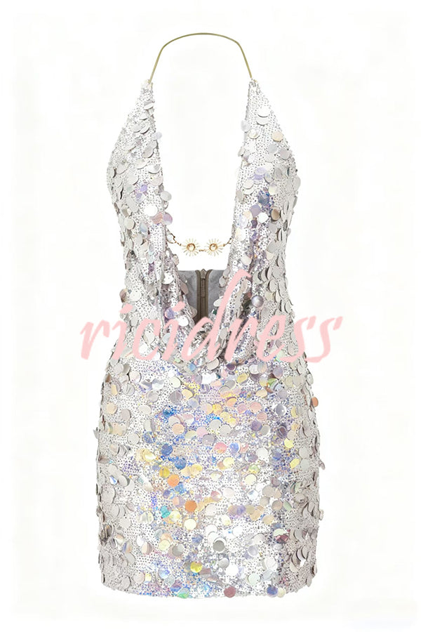 Sexy Halter Neck Sequined Open Back Mini Dress