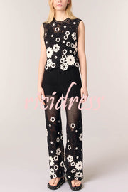 Fashion Embroidered Hollow Hook Elastic Waist Casual Wide-leg Pants