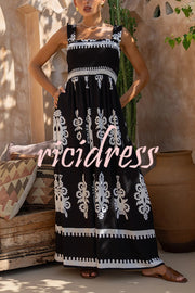 National Boho Style Unique Print Smocked Bust Wide Strap Pocket Maxi Dress