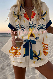 Holiday Print Loose Button Elastic Waist Shorts Set