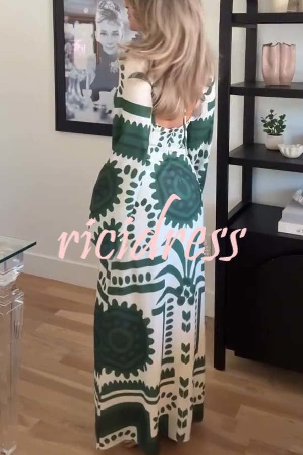 Holiday Fashion Unique Print Front Center Hollow Ring Long Sleeve Maxi Dress