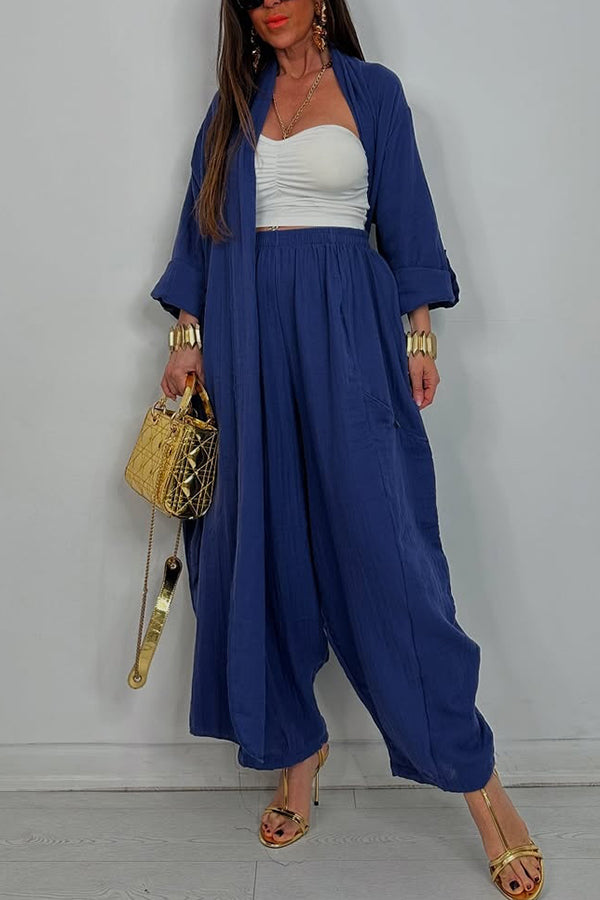Solid Color Loose-fitting Long-sleeved Cardigan with Pockets and Elastic Waist Casual Wide-leg Pants Set
