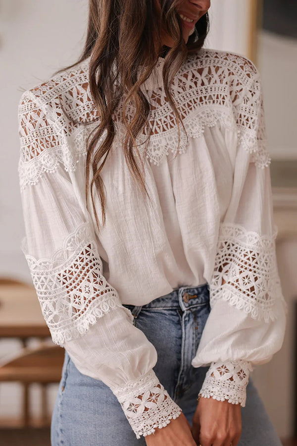 Stylish Hollow-out Patchwork Long-sleeved Elegant Shirt