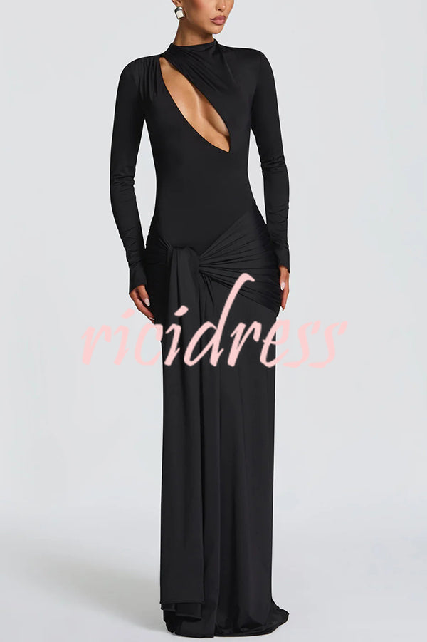 Sexy Cutout Fitted Long-sleeved Pleated Satin Ribbon Maxi Dresses