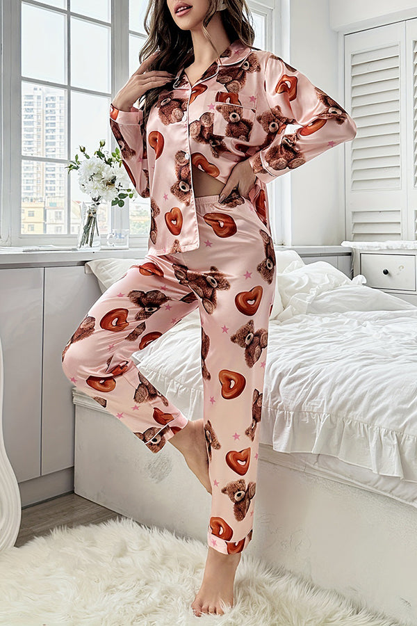 Beautifully Printed Lapel Pocket Button Lounge Pant Suit