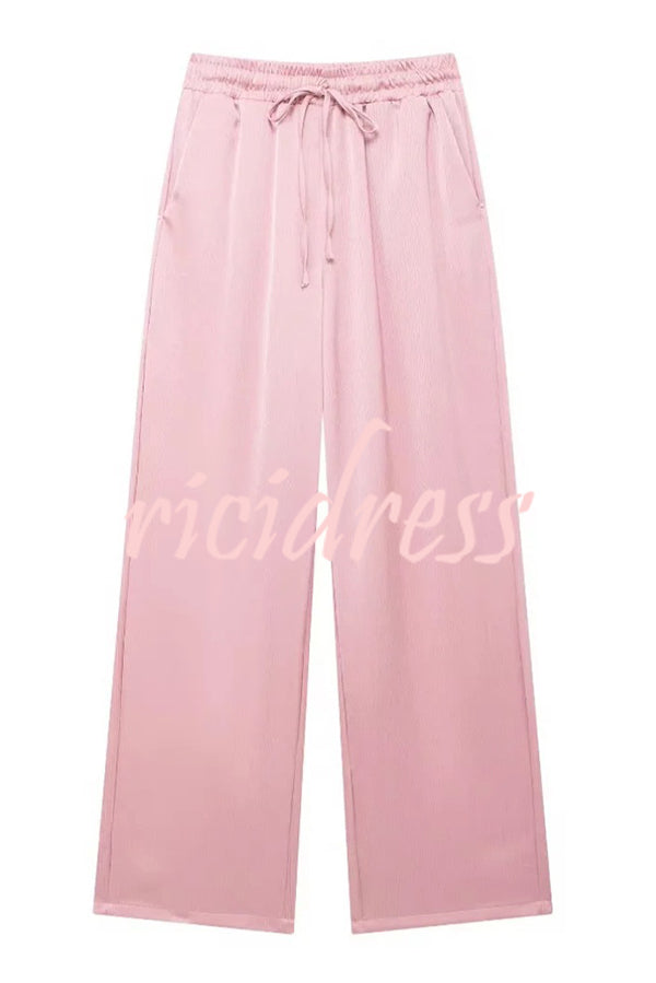 Fashionable Pleated Elastic Waist Tie Casual Pocket Wide-leg Pants
