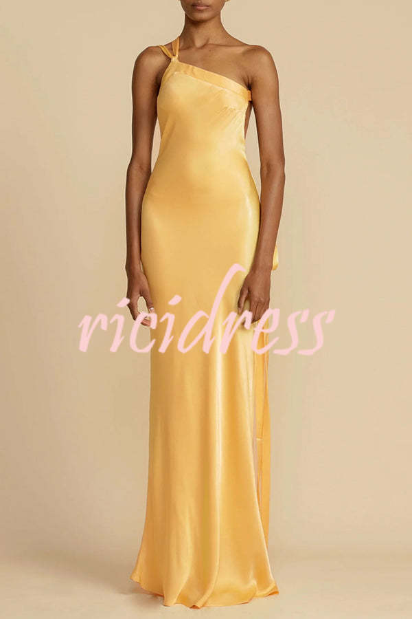 Moonlit Soiree Satin Asymmetrical One Shoulder Backless Strap Maxi Dress
