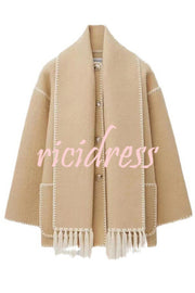 Stylish Loose Pocket Long Sleeve Coat and Warm Fringed Scarf