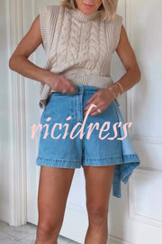 Fall for That Denim Faux Wrap Buckle Tie Pocketed Mini Shorts