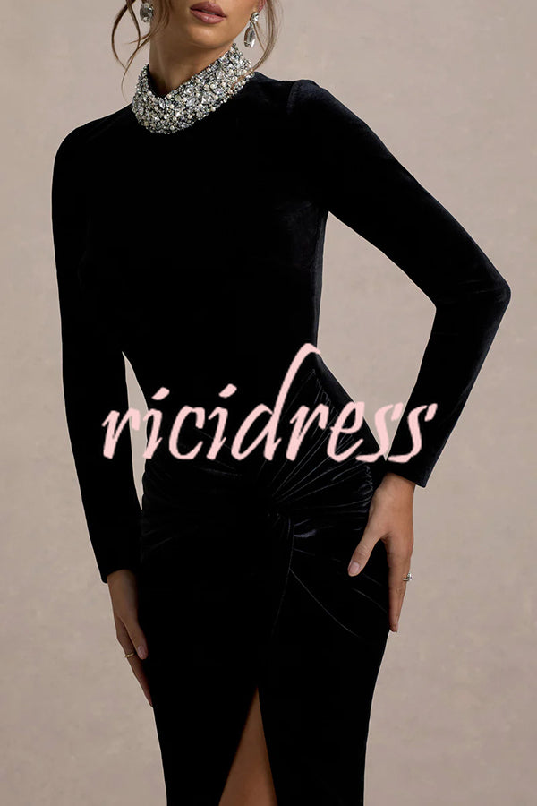 Love Lost Velvet Embellished High Neck Long Sleeve Twist Slit Maxi Dress