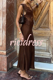 Wonderful Fusion Satin Lace Trim Poka Dot V-neck Drape Maxi Dress