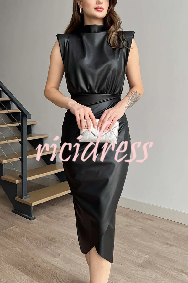 Elouise Faux Leather Turtleneck Shoulder Pads Ruched Slit Midi Dress