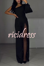 Fashionable Oblique Shoulder One-sleeve Sexy High Slit Slim Jumpsuit