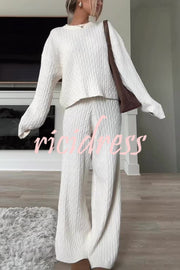 Autumn Travel Knit Cable Long Sleeve Sweater and Elastic High Waist Wide Leg Pants Set