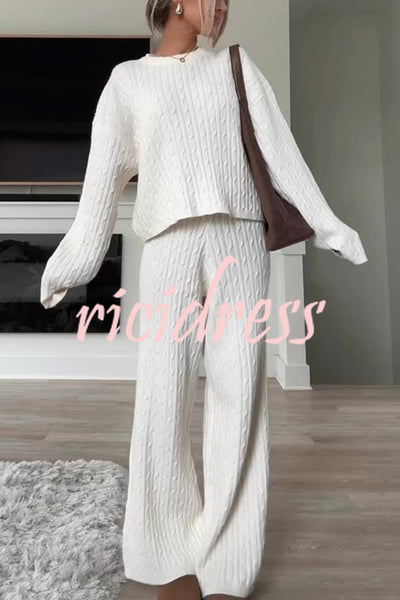 Autumn Travel Knit Cable Long Sleeve Sweater and Elastic High Waist Wide Leg Pants Set