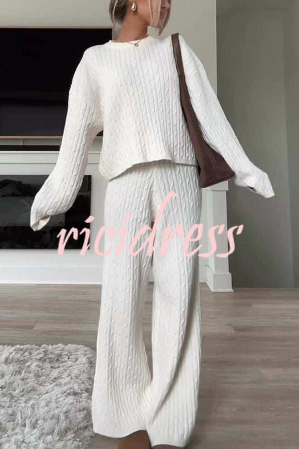 Autumn Travel Knit Cable Long Sleeve Sweater and Elastic High Waist Wide Leg Pants Set