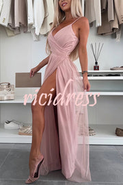 Solid Color Tulle Halter Back High Slit Maxi Dress