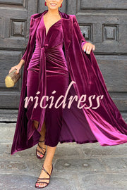 Elisabeth Luxurious Velvet Padded Shoulders Long Sleeve Twist Waist Drape Midi Dress