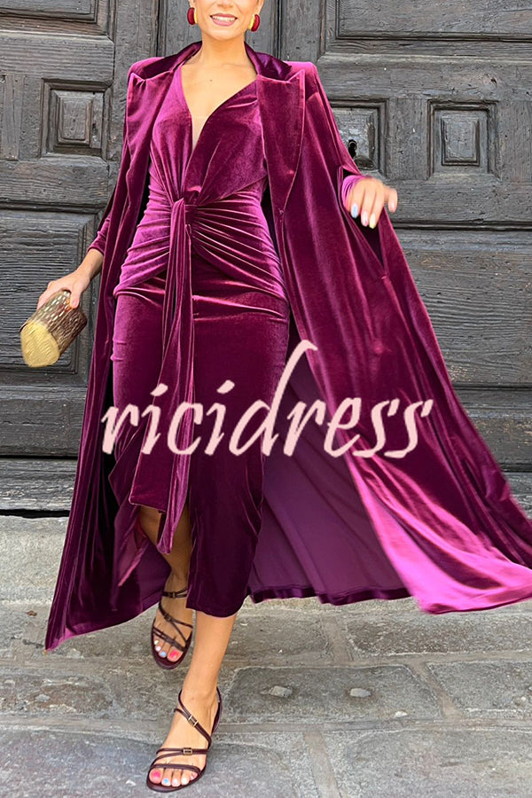 Elisabeth Luxurious Velvet Padded Shoulders Long Sleeve Twist Waist Drape Midi Dress