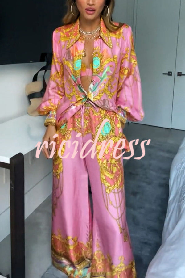 Mermaid Motel Unique Print Long Sleeve Loose Shirt and Elastic Waist Pants Set