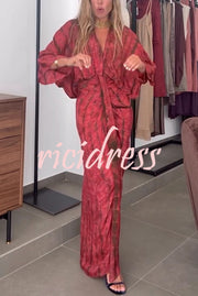 Unique Printed V-neck High-waisted Loose-fitting Holiday Maxi Dress