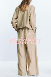 Juliette Cross-front Button Up Long Sleeve Shirt and Elastic Waist Pocket Loose Pants Set