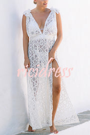 Swimsuit Partner Floral Lace Elastic Waist Back Ruffles Slit Vacation Dress