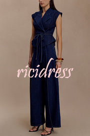 Charley Denim Button Up Cap Short Sleeve Structured Tie-up Lapel Top