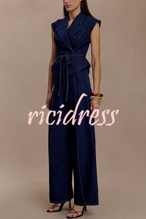 Charley Denim Button Up Cap Short Sleeve Structured Tie-up Lapel Top