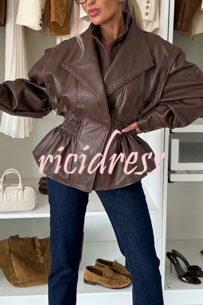 Play It Cool Faux Leather Single Button Elastic Waist Lapel Moto Jacket