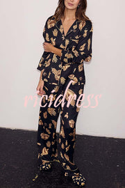 Golden Night Unique Print Color-block Trim Loose Shirt and Elastic Waist Pocketed Pajama Set