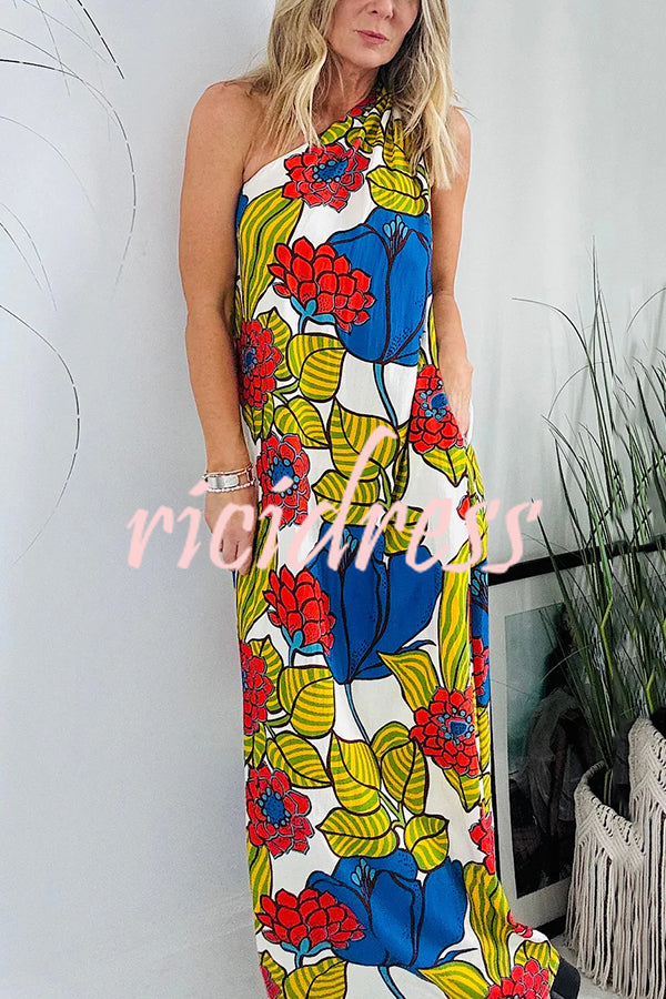 Floral Unique Printed One Shoulder Pocketed Loose Maxi Dress