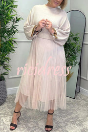 Fenna Ribbed Sequin Trim Batwing Sleeve Sweater and Pleated Tulle Stretch Tank Midi Dress Two-piece Set