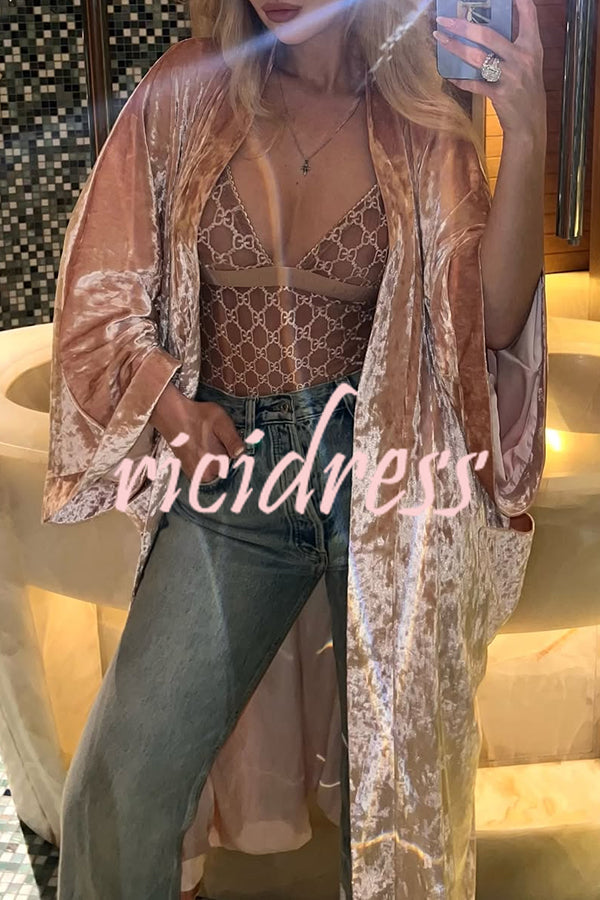 Gorgeous Glossy Velvet Long Bell Sleeve Tie-up Pocket Midi Kimono Coat