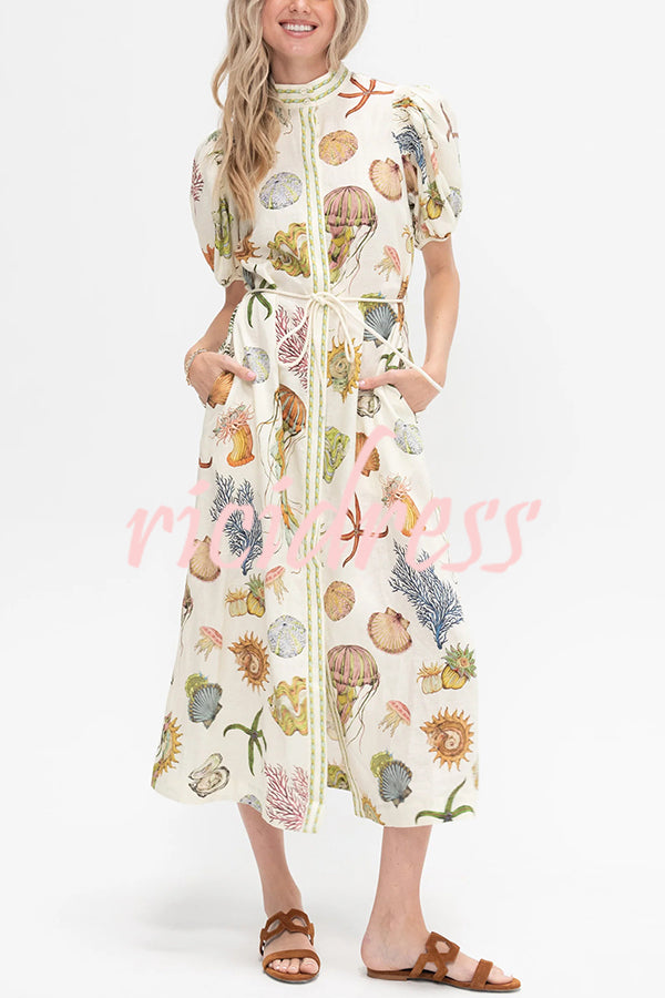 Beach Shell Print Puff Sleeve Tie-Waist Casual Midi Dress