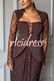 Belle Contrast Sheer Lace Fabric Patchwork Square Neck Long Sleeve Drape Maxi Dress