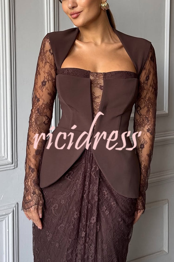 Belle Contrast Sheer Lace Fabric Patchwork Square Neck Long Sleeve Drape Maxi Dress