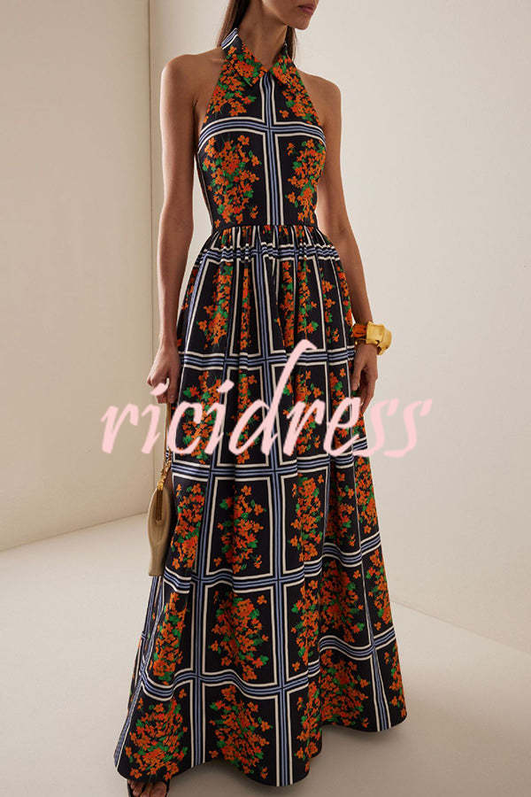 Floral Print Sexy Halter Neck Backless Elegant Maxi Dress