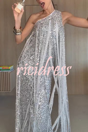 Holiday Muse Sequined Slit Tassels One Shoulder H-line Maxi Dress