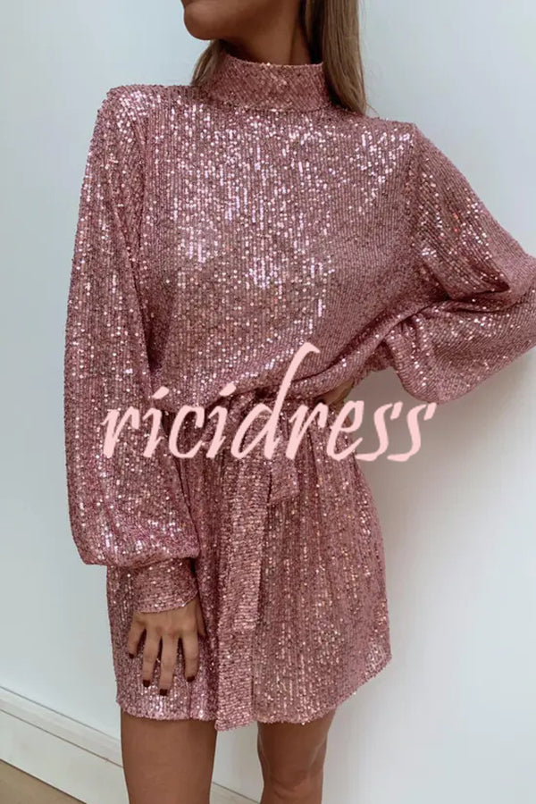 Fashionable Sequined Long-sleeved Belted Casual Mini Dress
